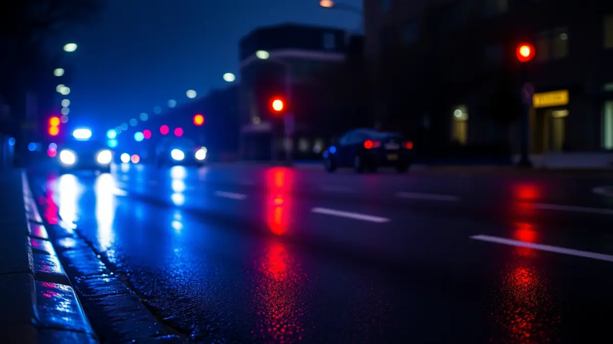 Imagen genérica de luces de emergencia reflejadas en asfalto mojado por la noche, indicando una alerta meteorológica.