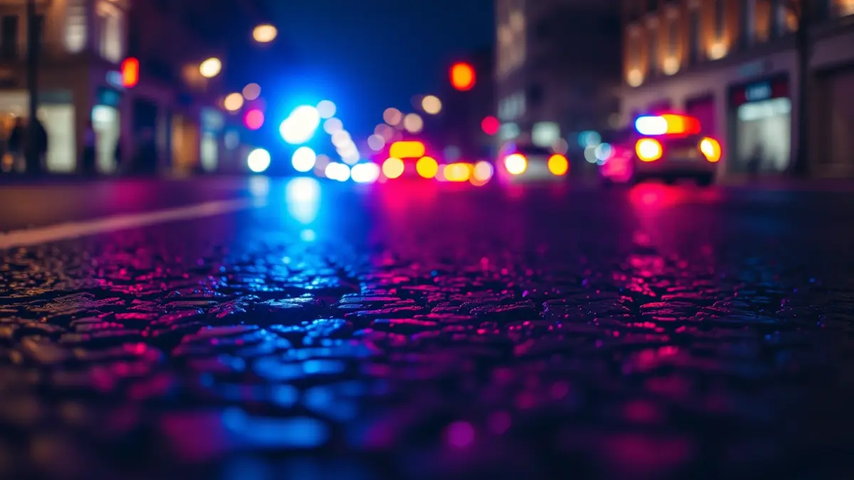 Imagen genérica de luces de emergencia reflejadas en asfalto mojado.