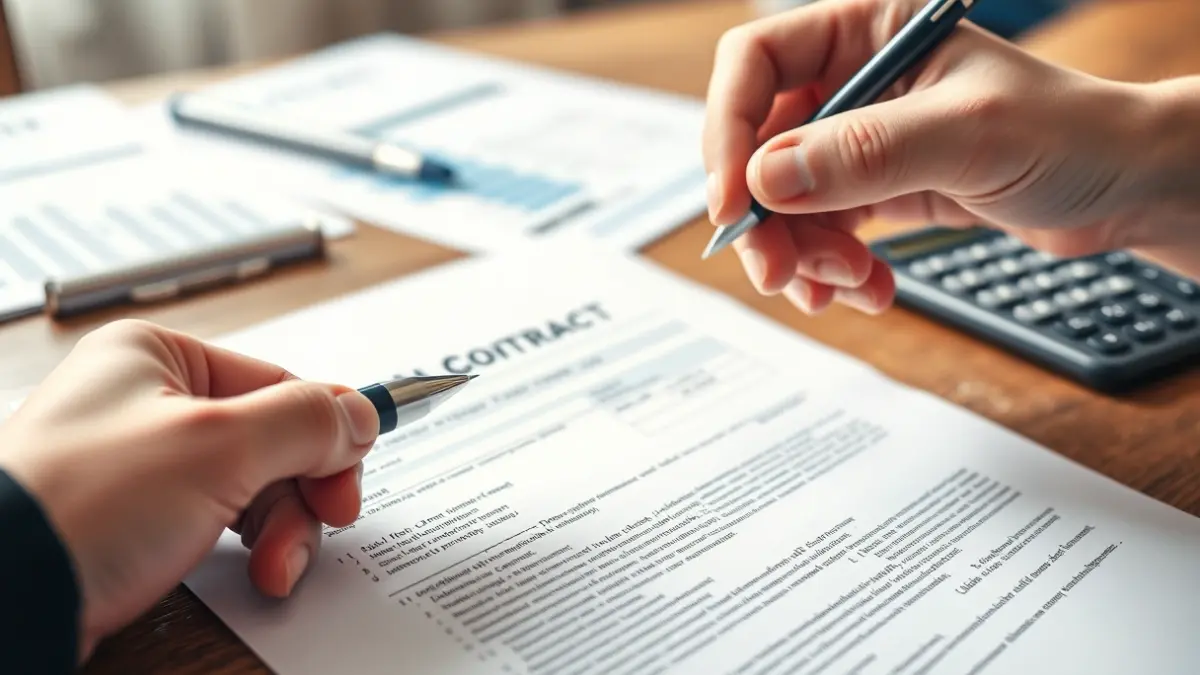 Generic image of a person reviewing a rental contract and financial documents.