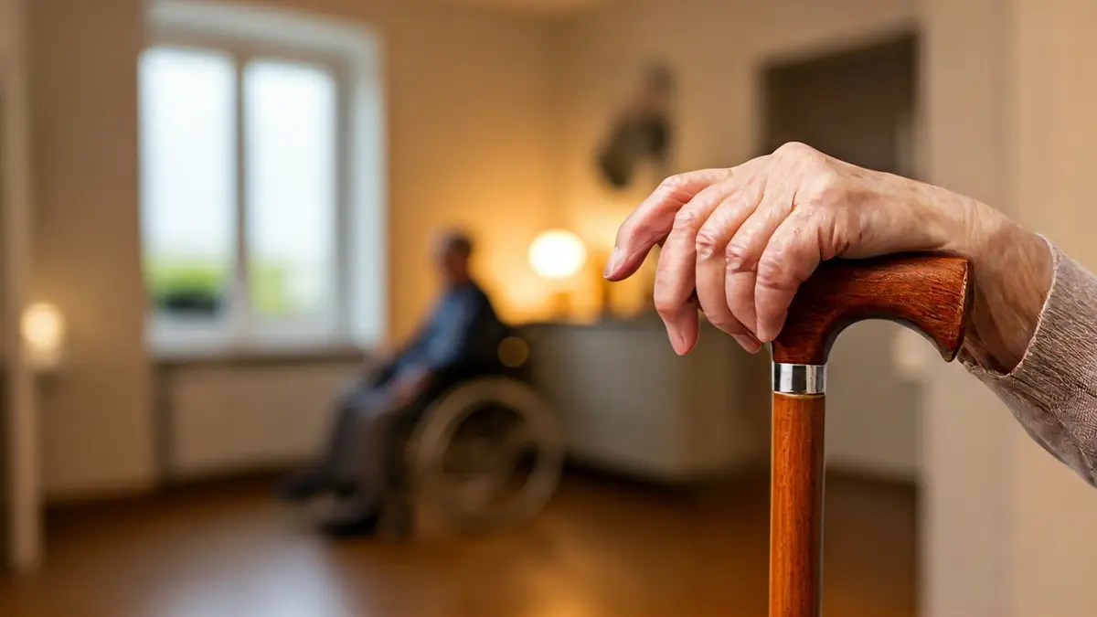 Imagen genérica de una mano de persona mayor apoyada en un bastón, simbolizando autonomía y accesibilidad en el hogar.