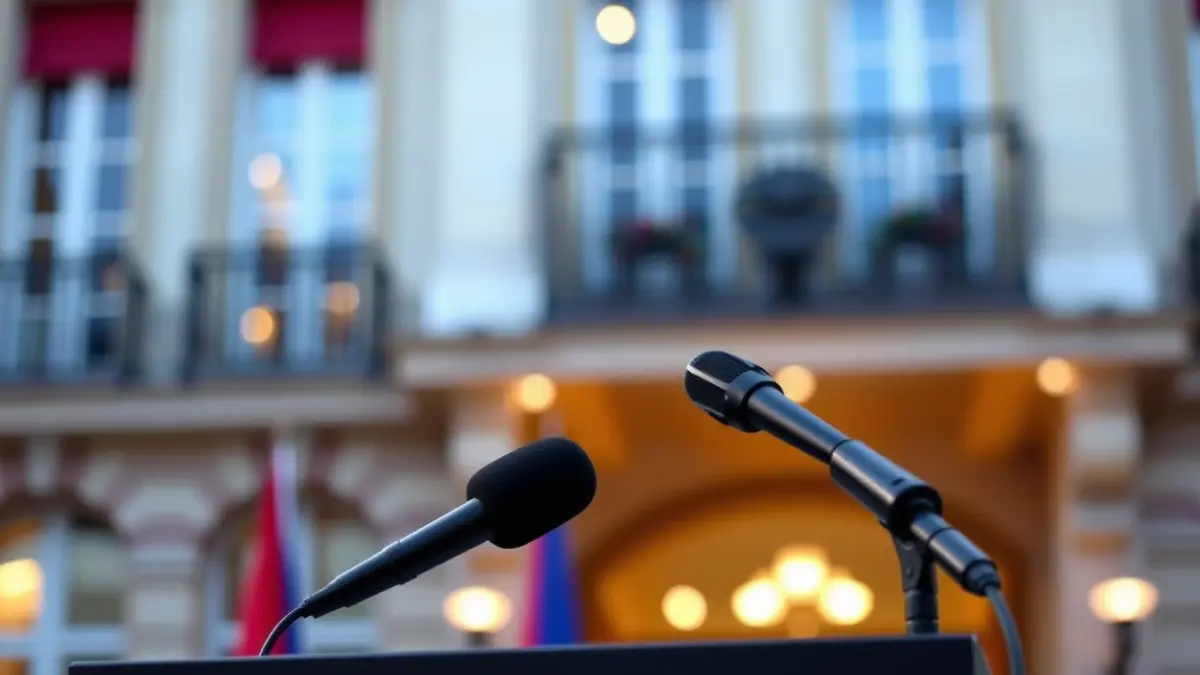 Generic image of a microphone on a podium, symbolizing a political speech.