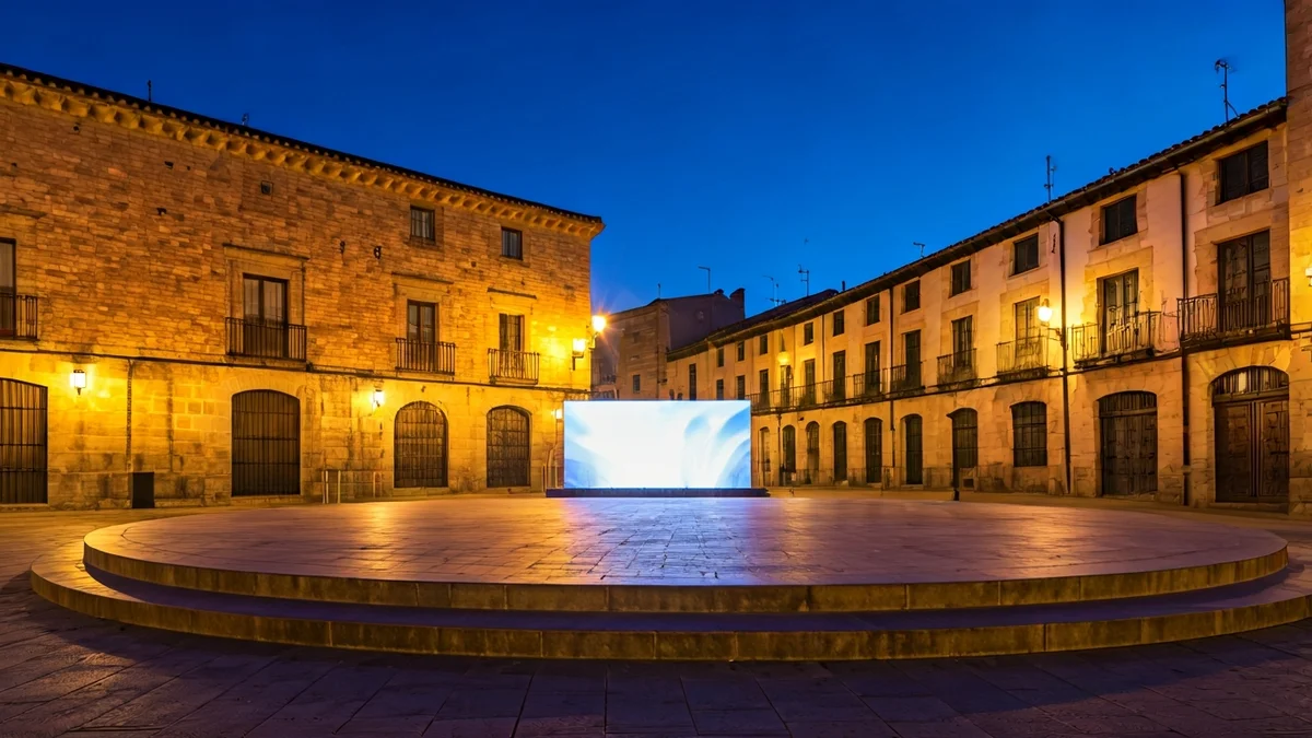 Escenario circular en la Plaza de la Villa de Daganzo de Arriba, preparado para la representación de La Pasión.
