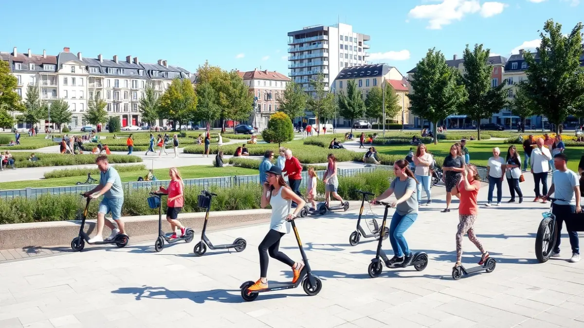 Imagen de un parque urbano moderno con personas de diferentes edades realizando actividades, incluyendo patinetes y bicicletas.