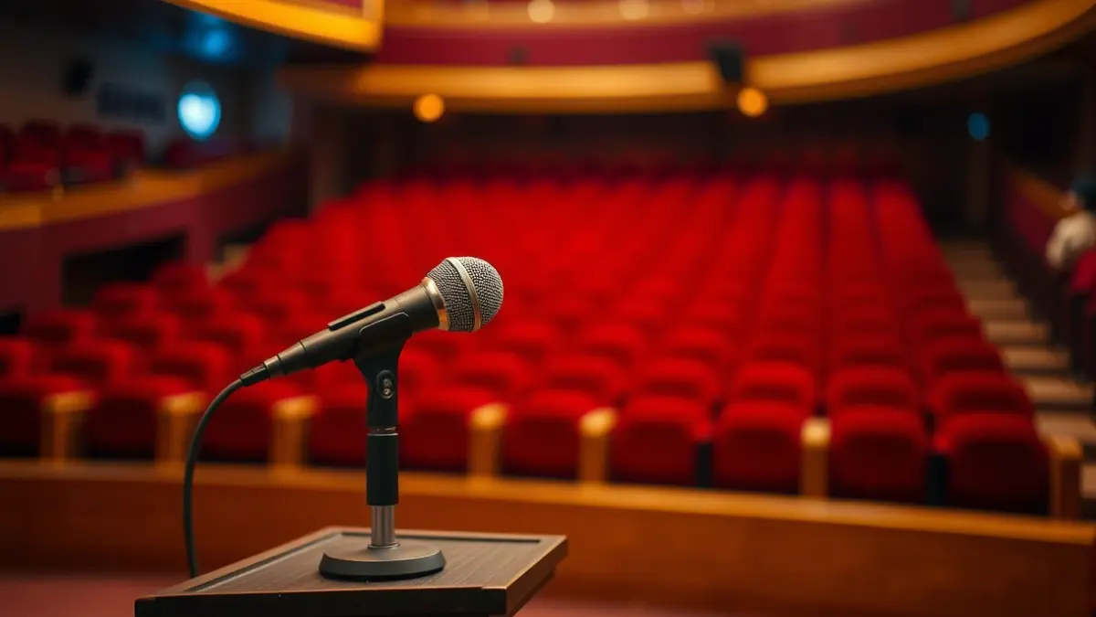 Imagen genérica de un micrófono en un escenario de teatro, con asientos de terciopelo rojo difuminados al fondo.
