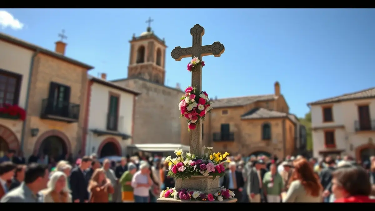 Imagen de una cruz adornada con flores en una romería tradicional