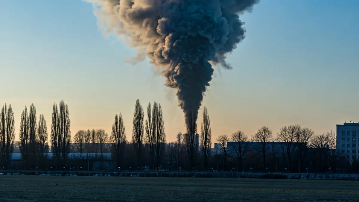 Image of a smoke column rising above an industrial building.