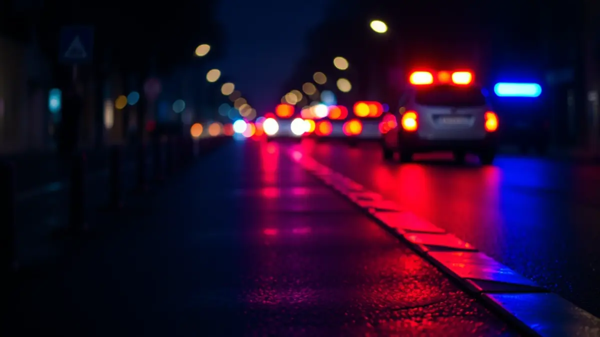 Generic image of emergency lights reflecting on wet asphalt at night.