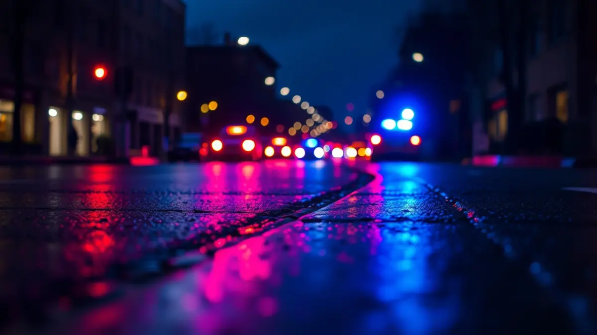 Generic image of emergency lights reflected on wet asphalt.