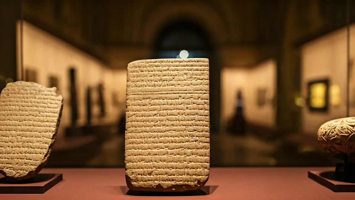 Exposición de artefactos mesopotámicos en CaixaForum Madrid, con tablillas cuneiformes y tallas de marfil.