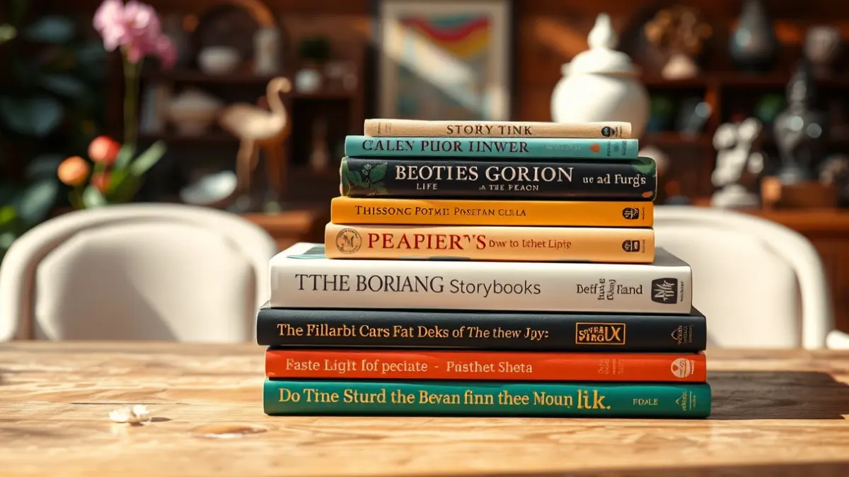 Imagen de libros sobre una mesa con un fondo borroso de jardín botánico y museo.