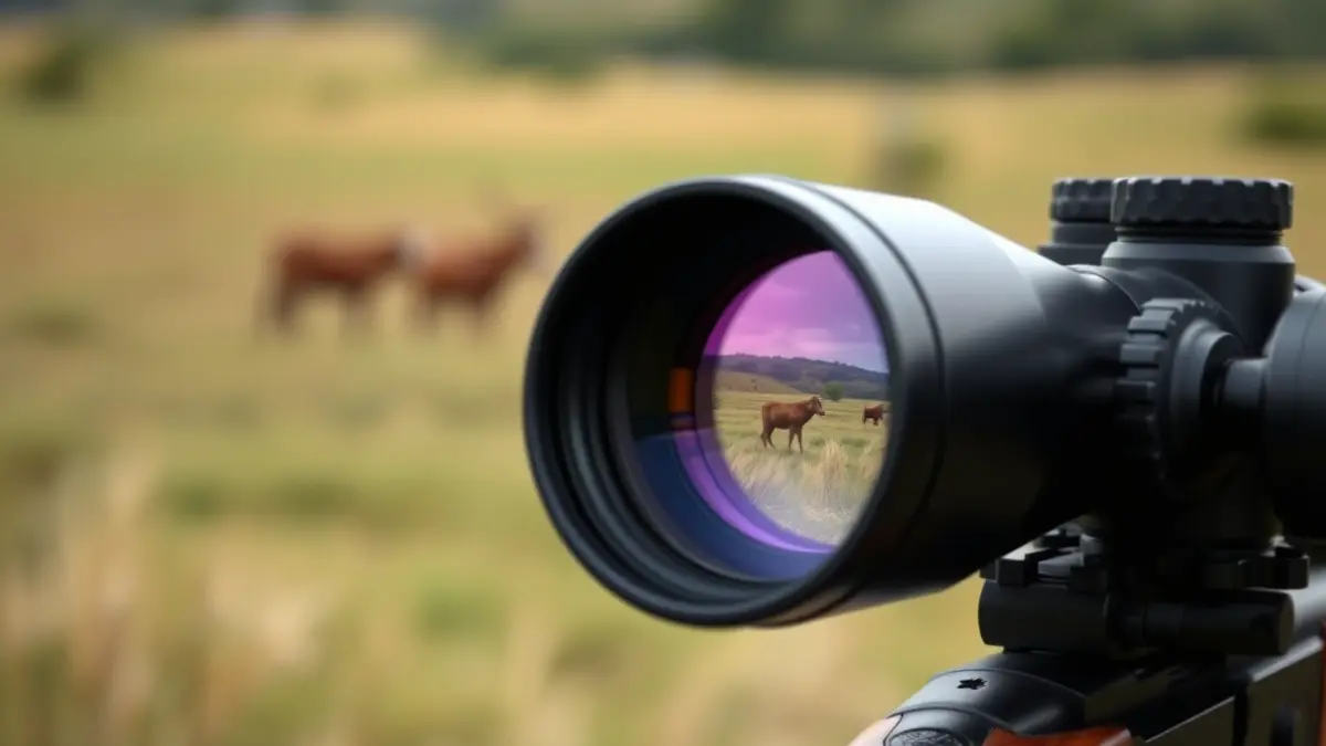 Generic image of a hunting rifle scope with a blurred natural landscape in the background.