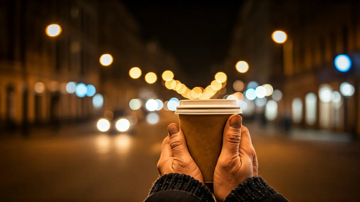Generic image of hands holding a coffee cup in a night urban setting.