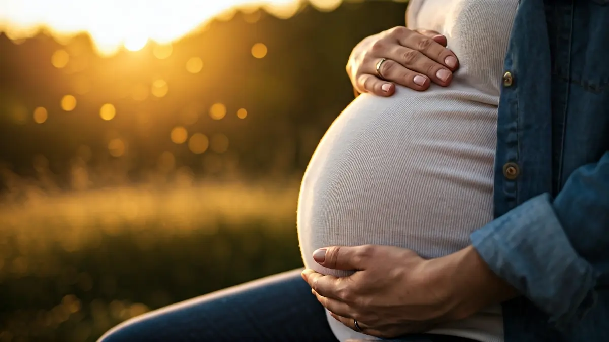 Manos de una mujer embarazada sobre su vientre, con un fondo artístico abstracto.