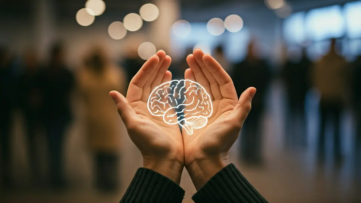 Generic image of mental health support, with hands holding a stylized brain.