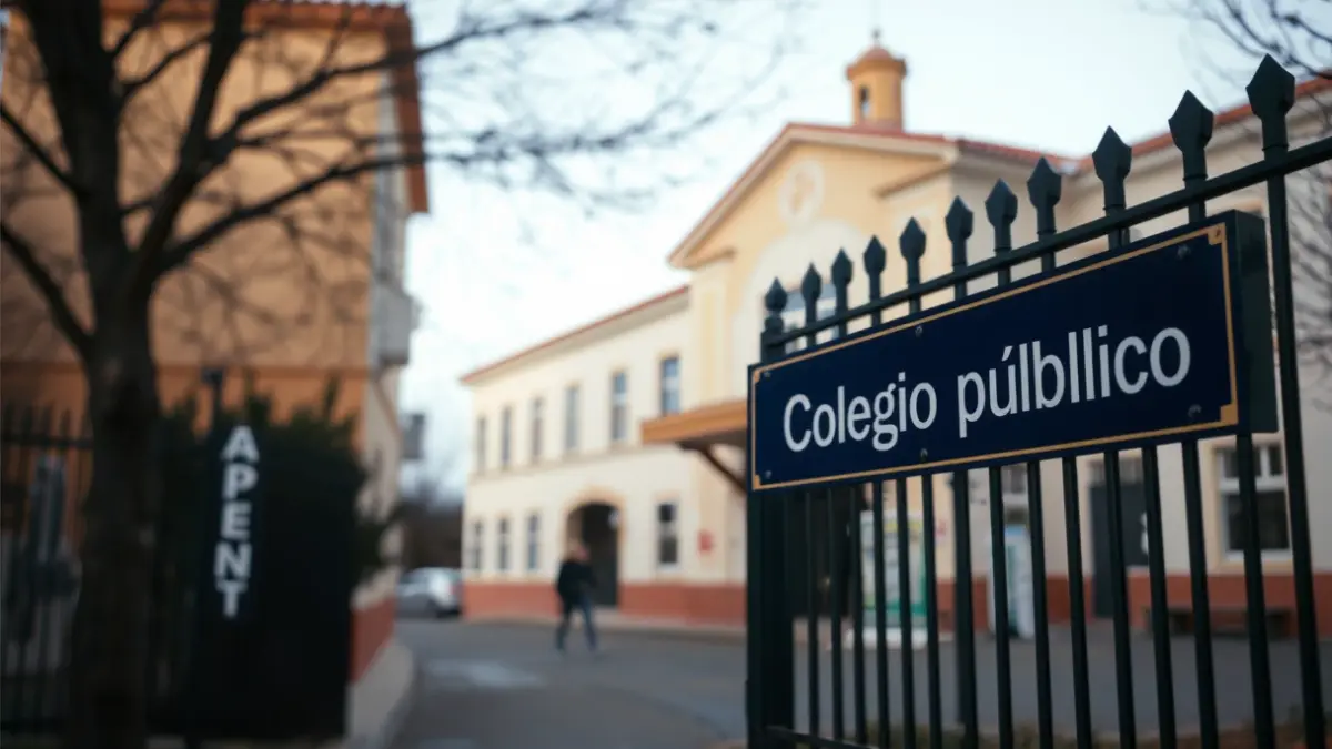 Image of a public school entrance in Parla, with a sign indicating 'Public School'.