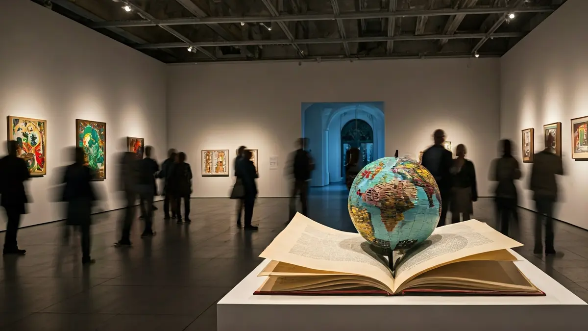 Contemporary art installation with books, neon lights, and globe sculptures in an exhibition.