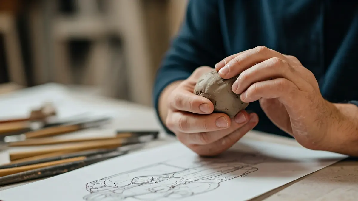 Imagen genérica de unas manos trabajando en una escultura de arcilla, con herramientas y bocetos alrededor.