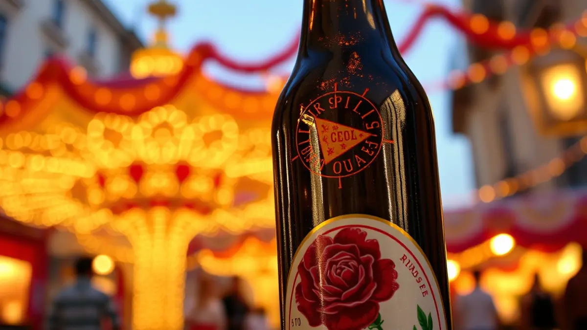 Botella de cerveza de edición especial con diseño de clavel, en un ambiente de verbena madrileña.