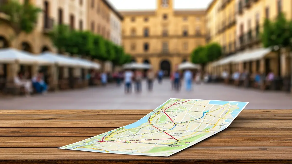 Imagen de un plano turístico de Chinchón con sus puntos de interés y rutas de transporte.