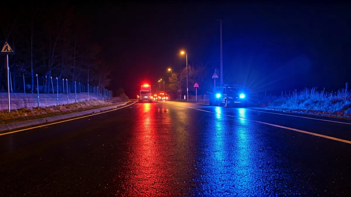 Generic image of emergency lights on a wet road.