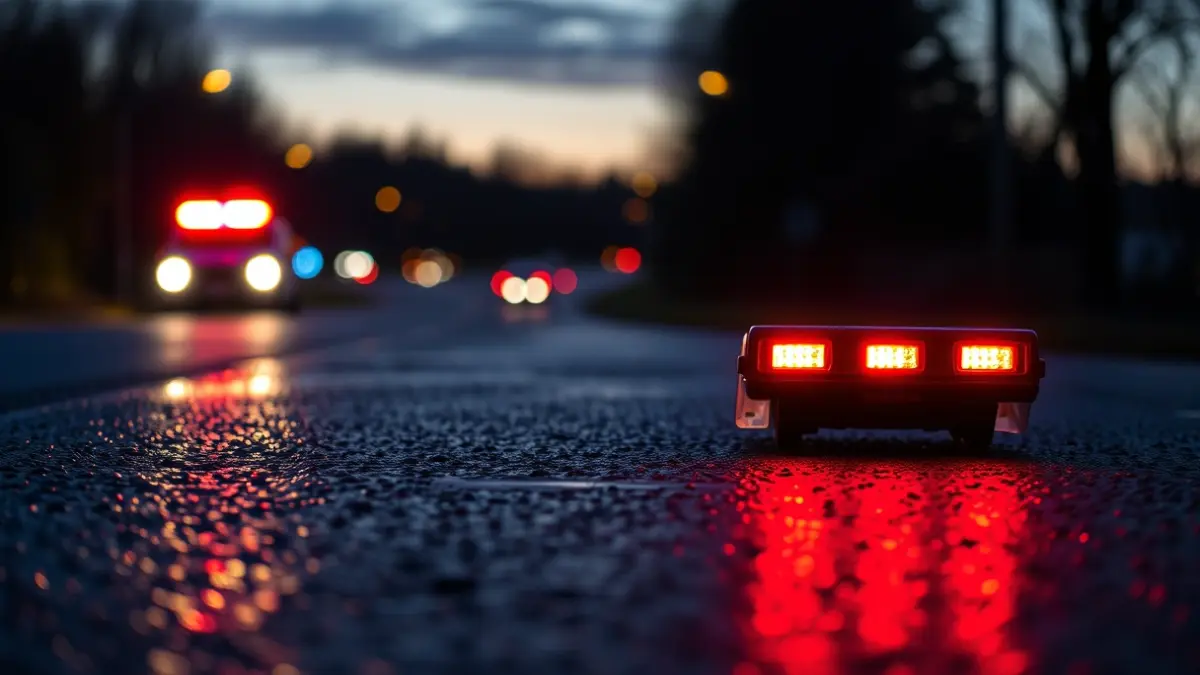 Generic image of emergency lights on a road at dusk.