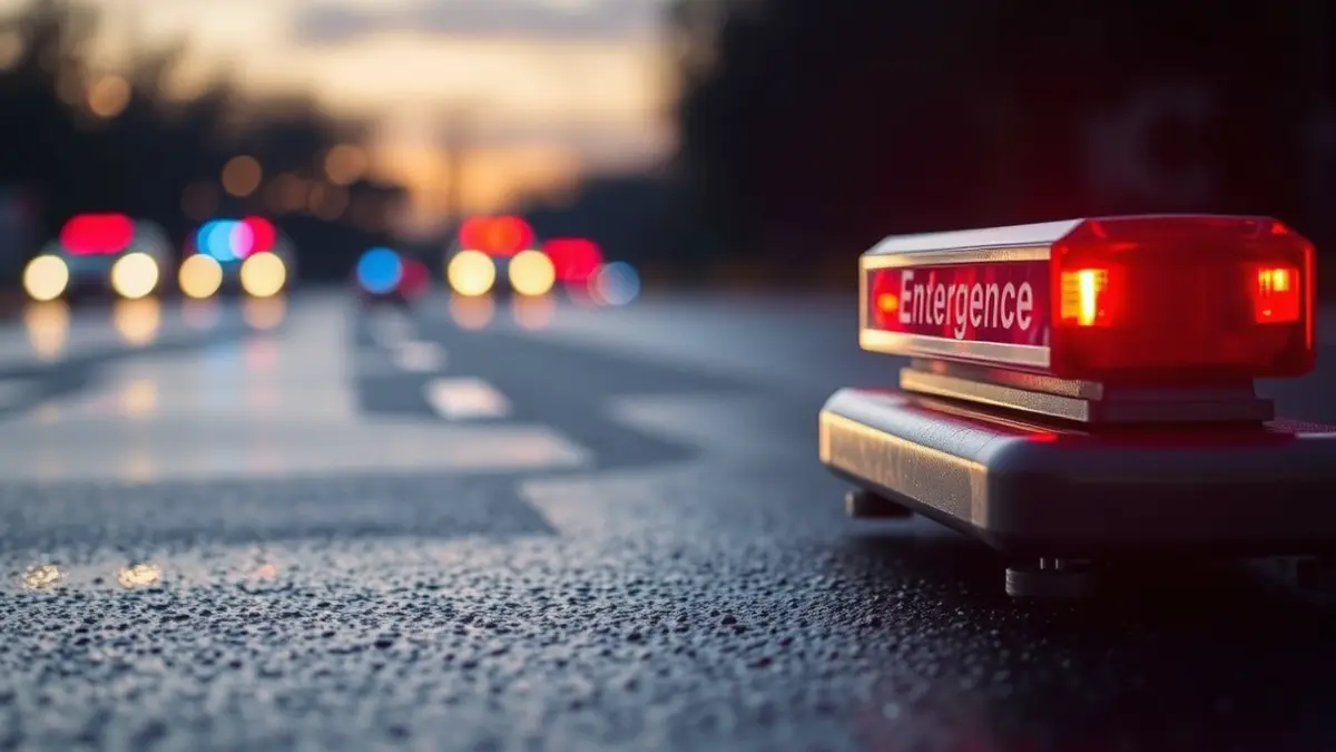 Generic image of emergency lights on a road at dusk.