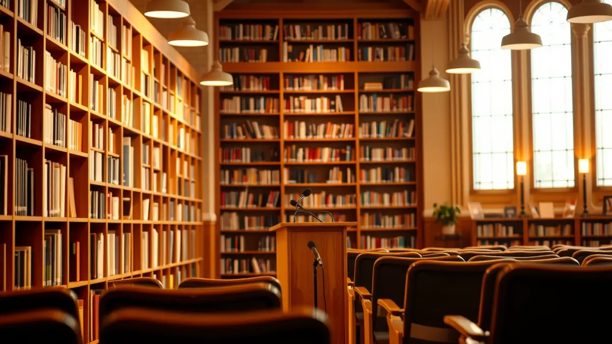 Generic image of a warm-lit library interior with wooden bookshelves and a podium with a microphone.