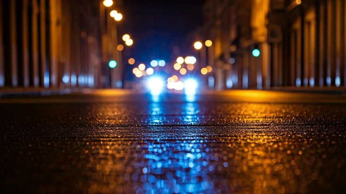 Generic image of emergency lights reflecting on wet asphalt at night.