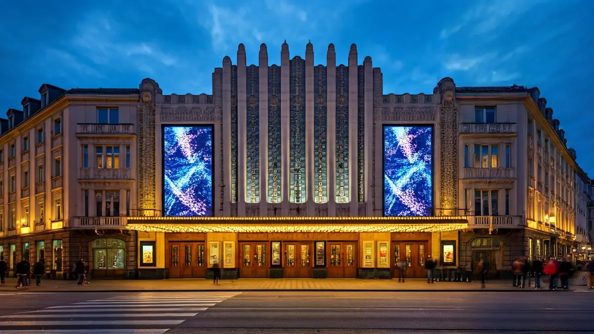 Fachada de los Cines Callao en Madrid, con pantallas digitales y arquitectura Art Decó.