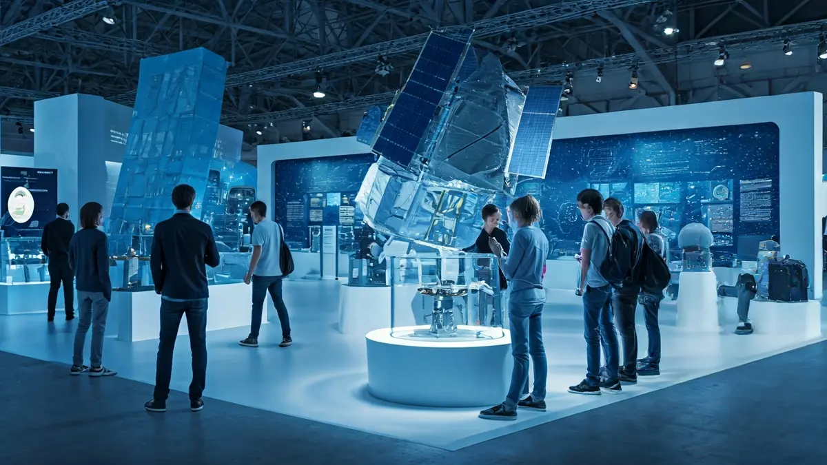 Imagen genérica de una feria de ciencia con jóvenes interactuando con exhibiciones aeroespaciales.