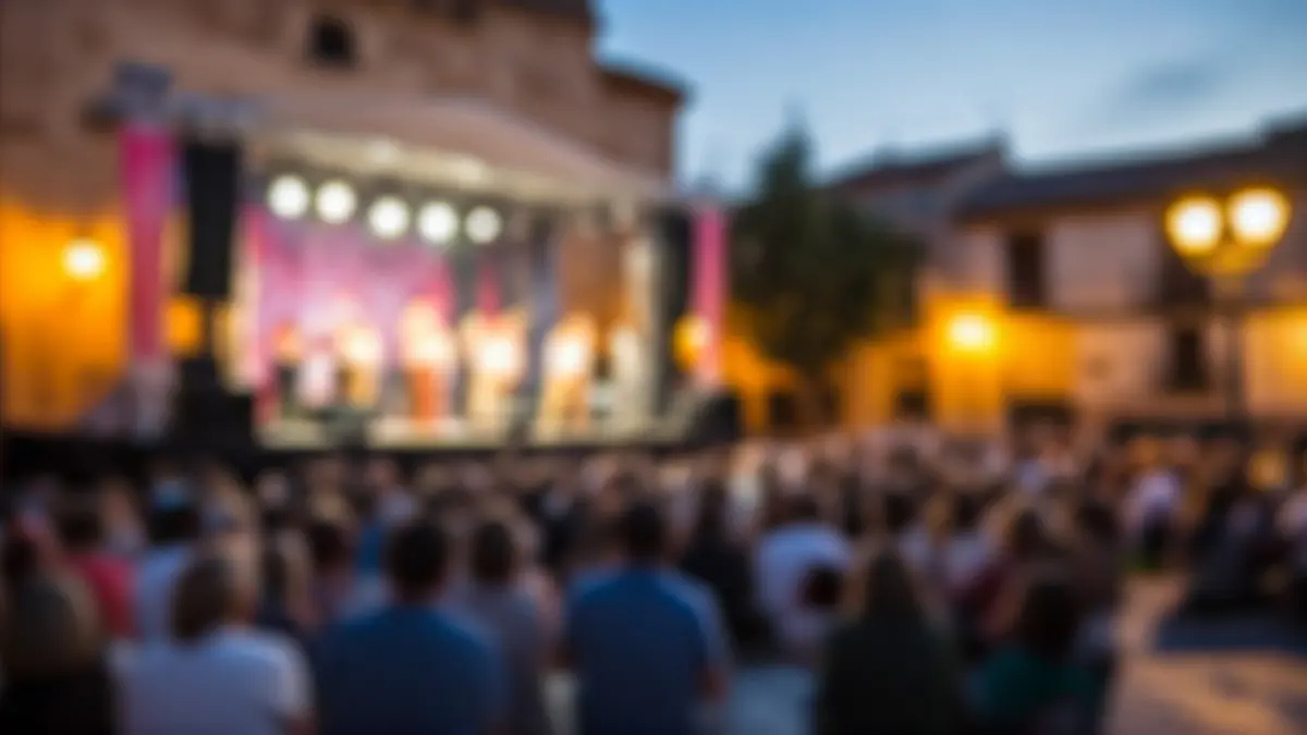 Image of an outdoor stage in a historic square in Alcalá de Henares during a festival.