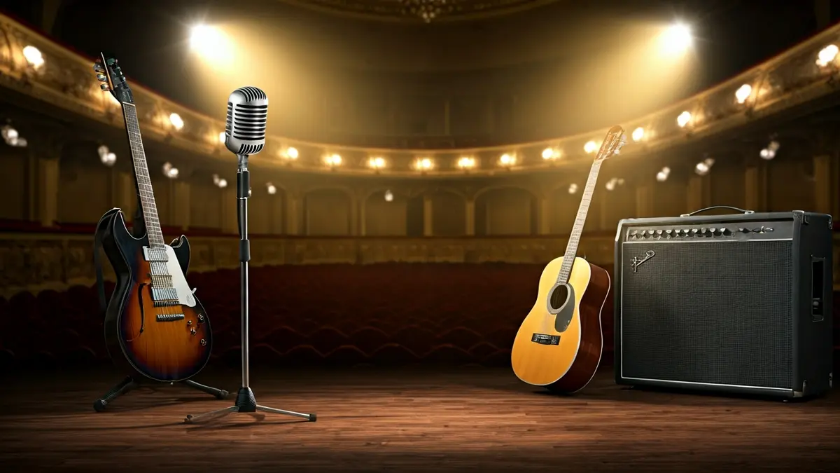 Generic image of a theater stage with a microphone and a guitar, evoking a concert.