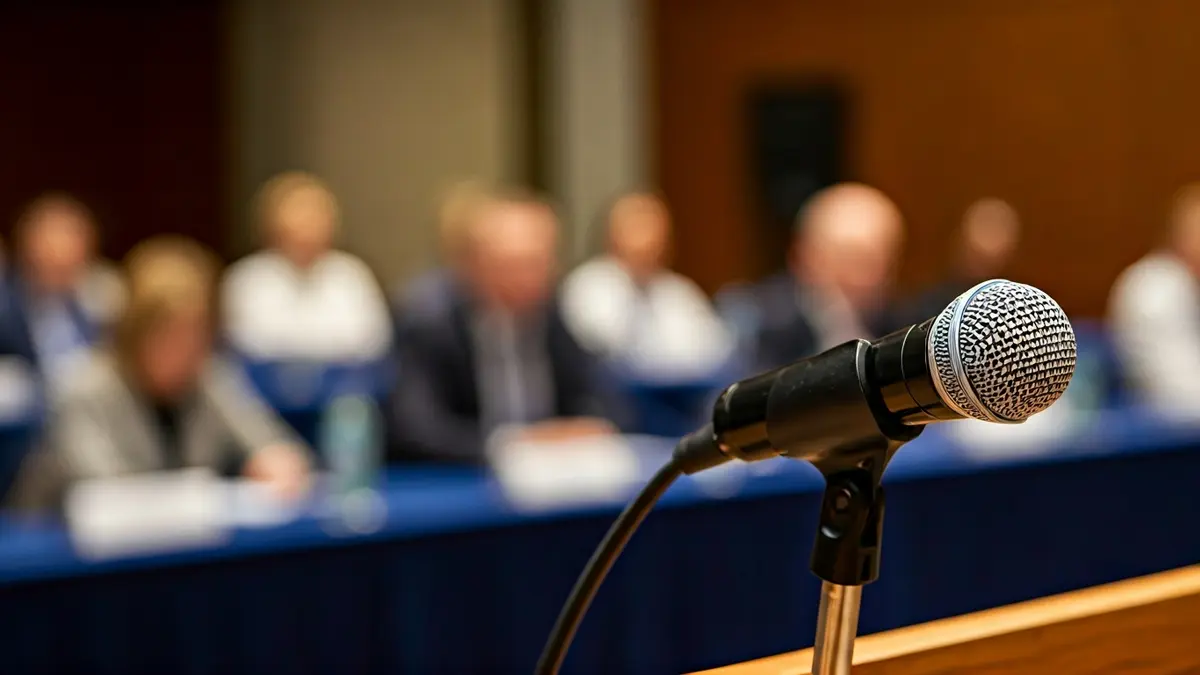 Generic image of a microphone on a podium during a conference.