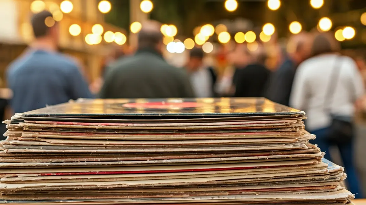 Generic image of vinyl records stacked at a fair.