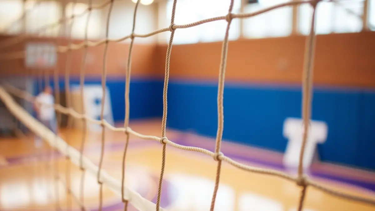 Generic image of a volleyball net in a sports hall.