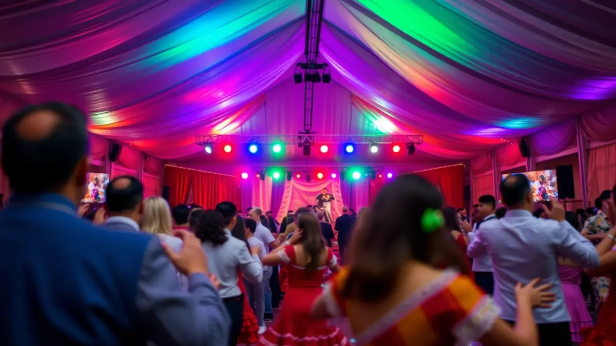 Imagen de ambiente festivo en una carpa, con personas bailando flamenco y luces de colores.