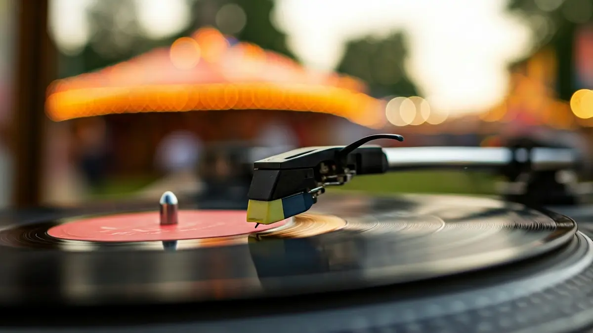 Imagen genérica de un disco de vinilo girando en un tocadiscos, con un fondo borroso de una feria.