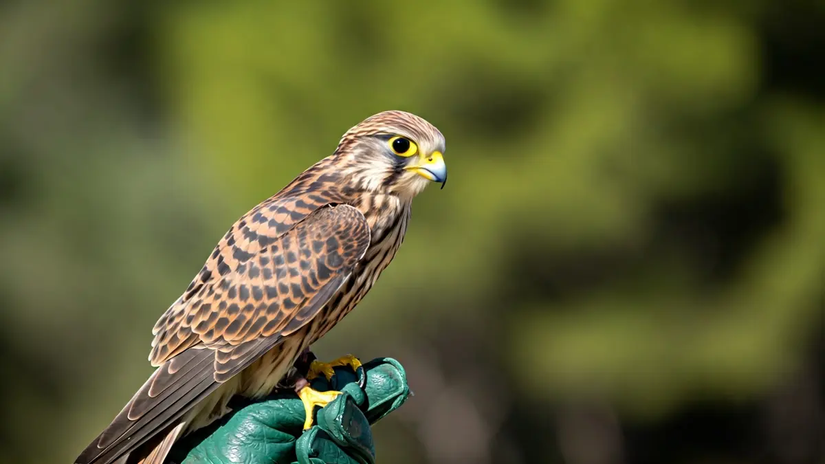 Un halcón posado en la mano de un cetrero, con un fondo natural desenfocado.