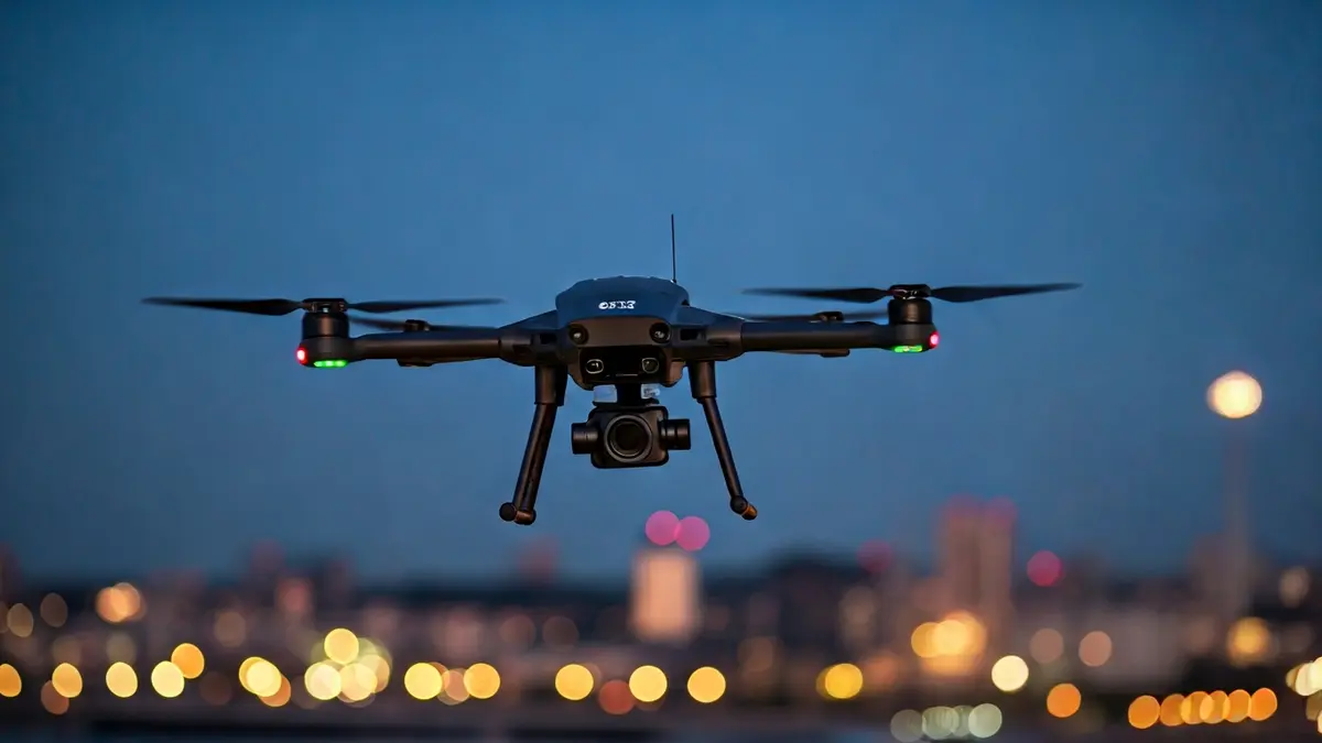 Modern police drone flying over a European urban landscape at dusk.