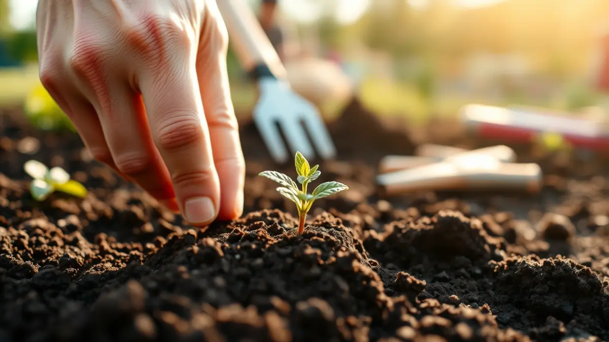 Generic image of a hand planting a small seedling in rich soil.