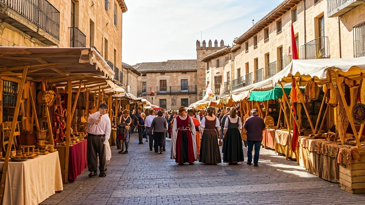 Imagen de un mercado medieval con artesanos y visitantes.