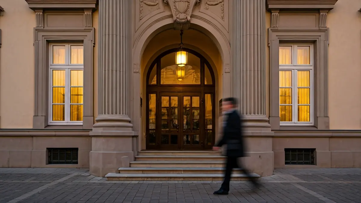 Fachada de un edificio municipal, con una figura borrosa acercándose a la entrada.
