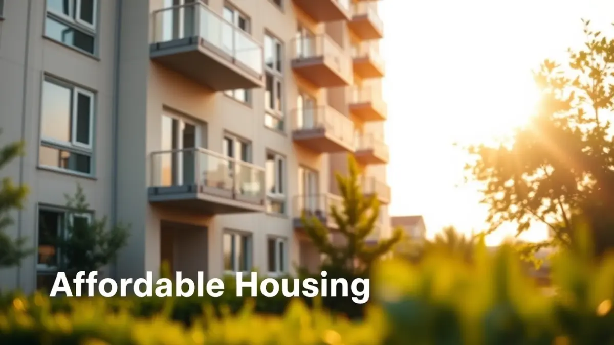 Imagen genérica de un edificio de viviendas moderno con balcones y grandes ventanas, con un parque verde borroso en primer plano.