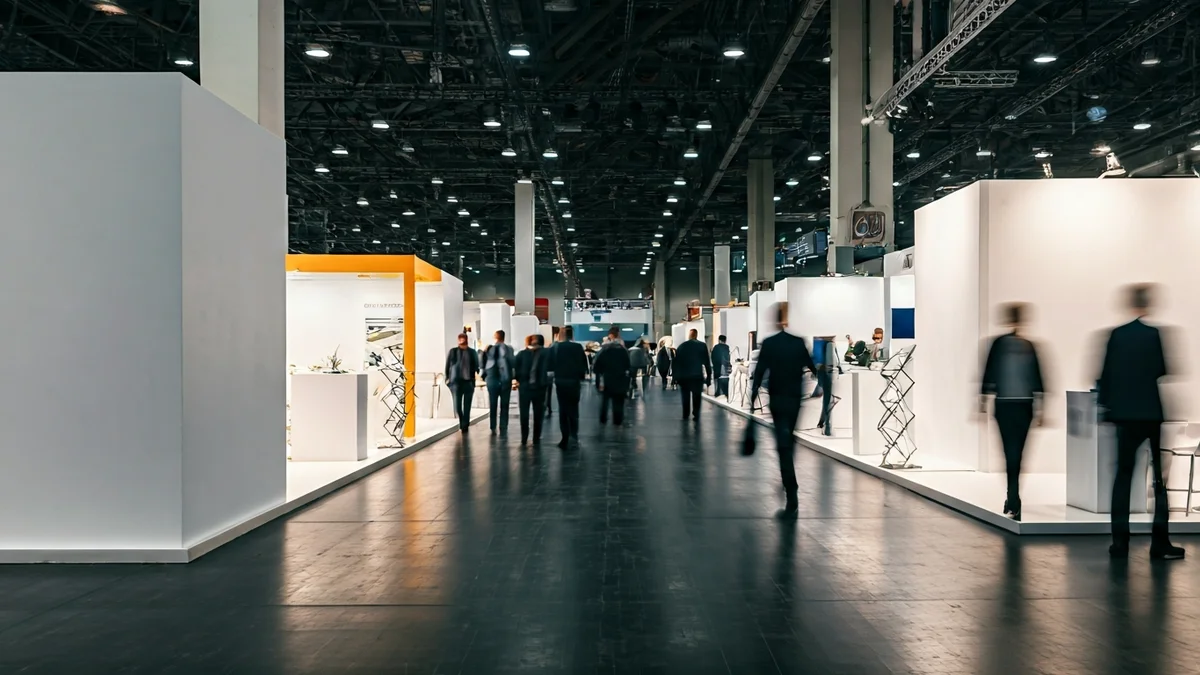 Imagen genérica de un espacio de feria de empleo con stands y personas interactuando.