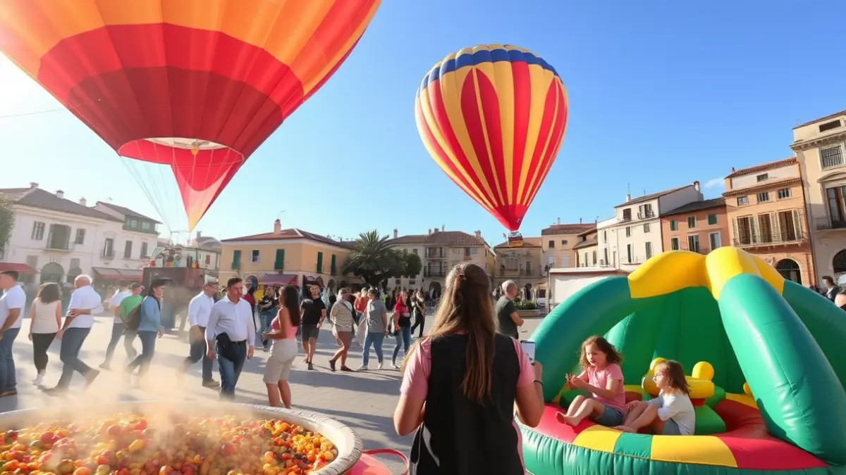 Imagen de un globo aerostático y actividades familiares en un festival al aire libre.