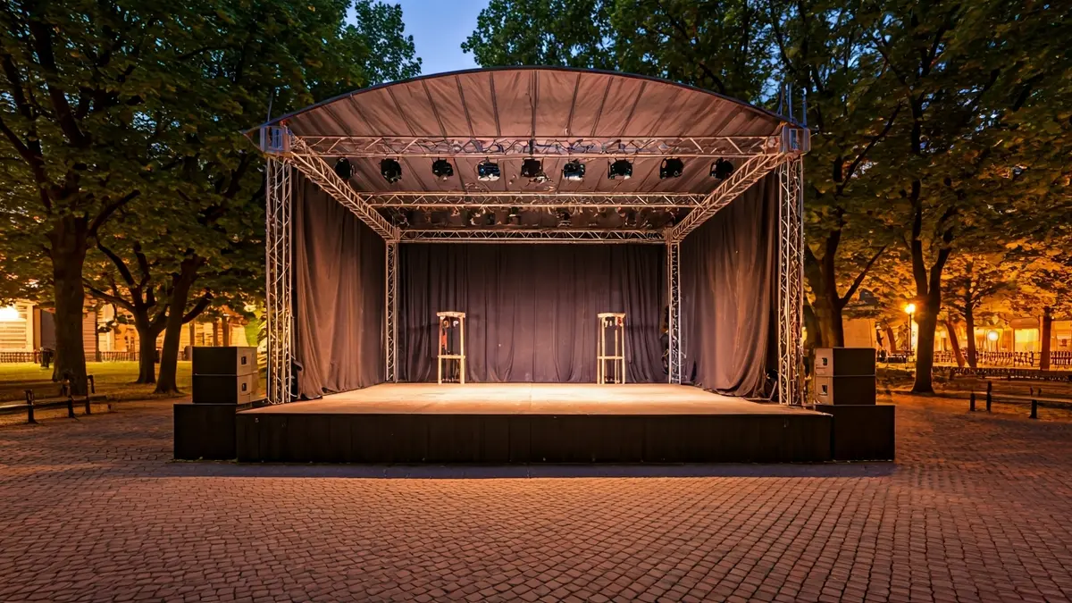 Imagen genérica de un escenario al aire libre en un parque al atardecer, listo para un festival de teatro.