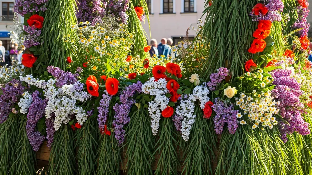 Traditional floral altar of the Fiesta de La Maya in Colmenar Viejo.