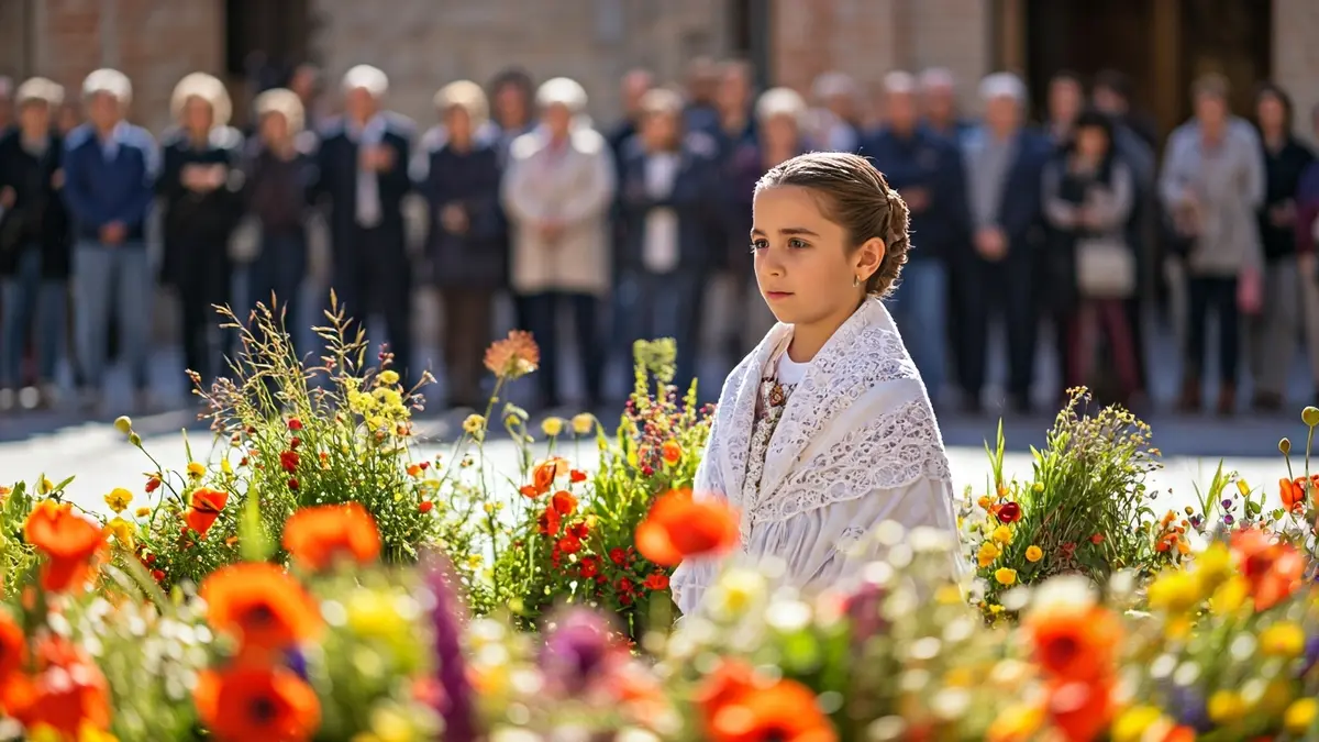 A girl dressed as a Maya at a floral altar during the Fiesta de La Maya in Colmenar Viejo.
