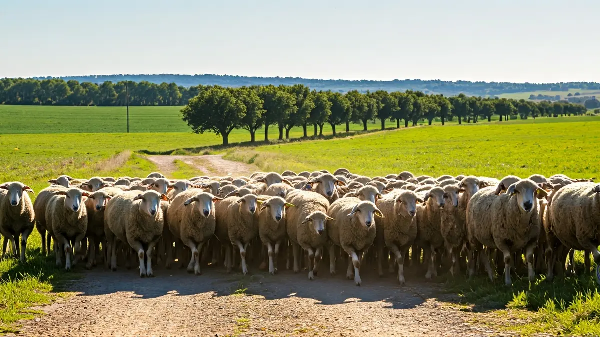 Generic image of a flock of sheep being guided by a shepherd dog in a rural setting.