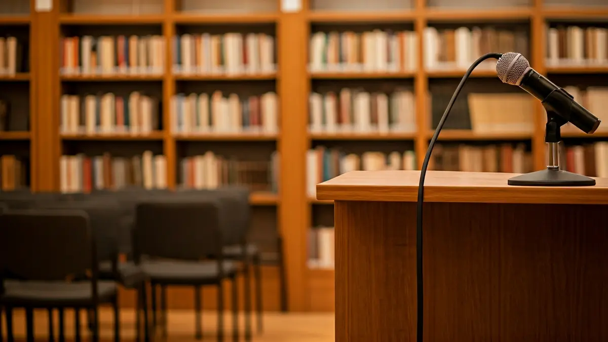 Imagen genérica de una biblioteca con estanterías de madera y un podio con micrófono.